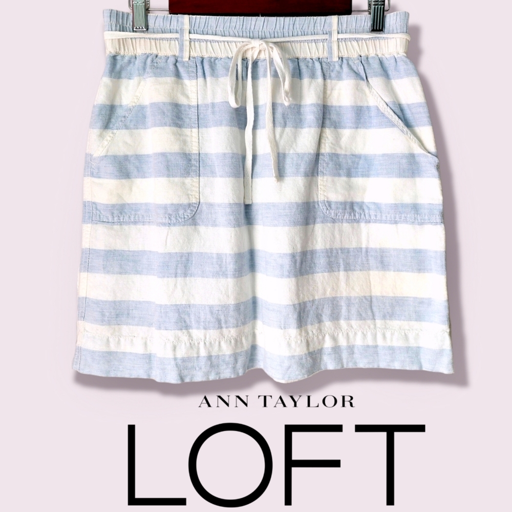 LOFT Ann Taylor Blue & White Coastal Sailor Striped Linen Cotton Mini Skirt Sz S